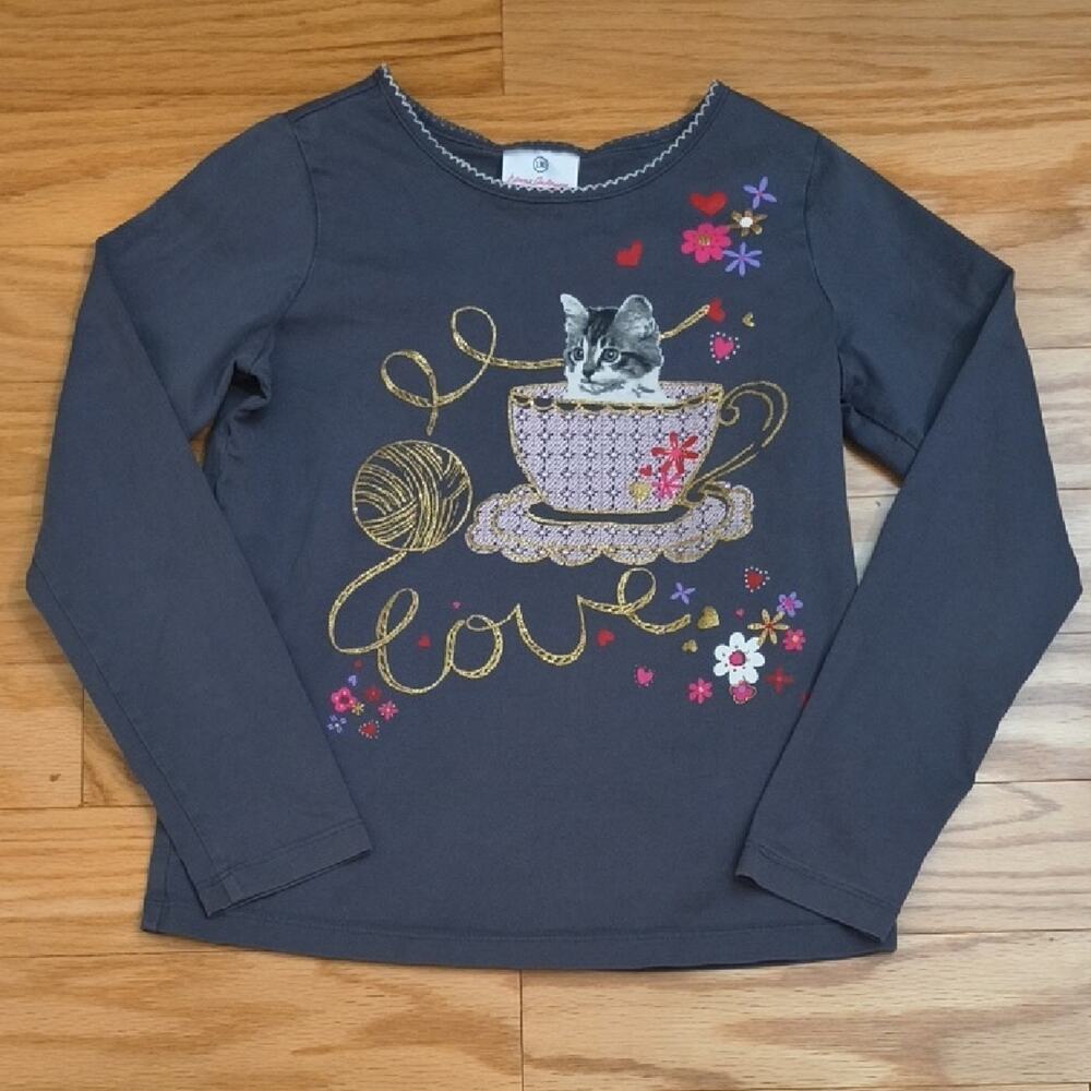 Hanna Andersson Gray Long Sleeve w/ Cat & Teacup Design Size 8 GU